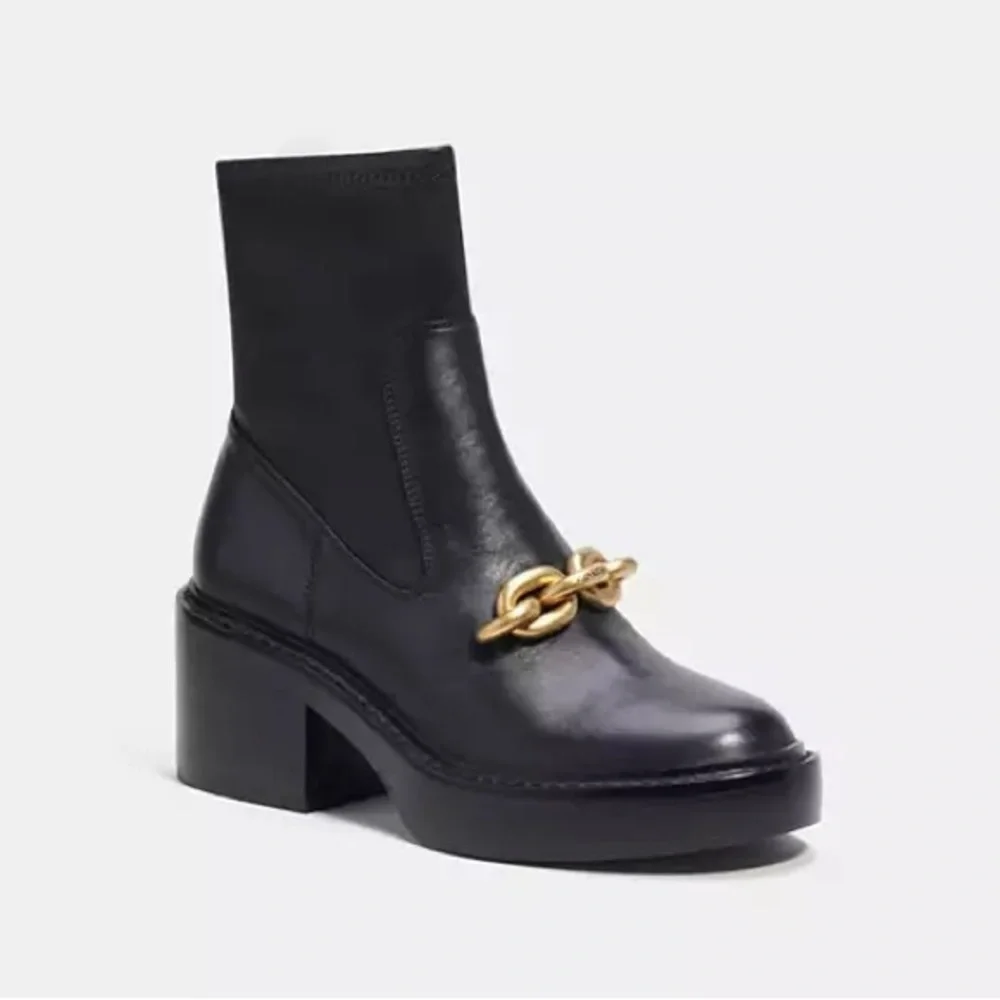 Coach Kenna Bootie | Black Ankle Boots with Chunky Gold Chain